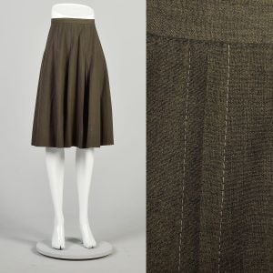 Small 1950s Brown Pleated Skirt Knee Length Business Casual Top Stitched Box Pleat Preppy Skirt 