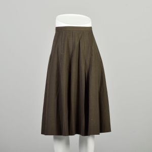 Small 1950s Brown Pleated Skirt Knee Length Business Casual Top Stitched Box Pleat Preppy Skirt  - Fashionconservatory.com