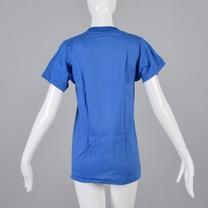 Small Blue T-Shirt 1970s Unisex Ribbed Knit Trim Top Slim Tight Fitting Tee - Fashionconservatory.com