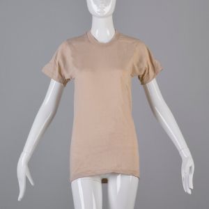 Small Tan T-Shirt 1970s Ribbed Knit Top Slim Tight Fitting Taupe Short Sleeve Baby Tee