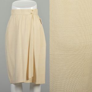 Small 1980s Thierry-Mugler Wrap Pencil Skirt Ivory Silk Cream Off-White Knee Length Paris Designer 