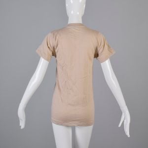 Small Tan T-Shirt 1970s Ribbed Knit Top Slim Tight Fitting Taupe Short Sleeve Baby Tee - Fashionconservatory.com