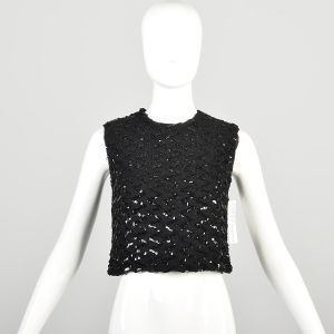 Small 1960s Black Sequin Sleeveless Shell Top Zippered Back 