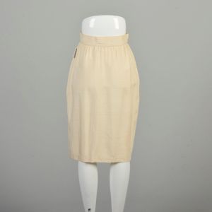 Small 1980s Thierry-Mugler Wrap Pencil Skirt Ivory Silk Cream Off-White Knee Length Paris Designer  - Fashionconservatory.com