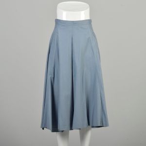 Medium 1970s Blue Skirt Welted Pockets Tea Length Midi A Line Office Business Casual 