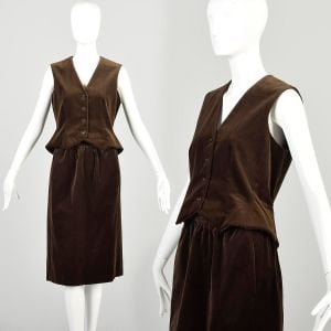 Small 1970s Halston Brown Velvet Two Piece Set Vest and Skirt Button Up Vest 