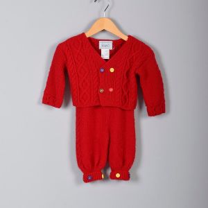 1970s Childrens Red Sweater Set Suspender Pants Unisex Knit Set Colored Buttons 70s Vintage