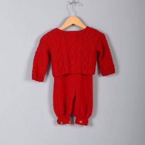 1970s Childrens Red Sweater Set Suspender Pants Unisex Knit Set Colored Buttons 70s Vintage - Fashionconservatory.com