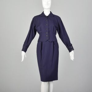 XS 1980s Guy Laroche Skirt Suit Plum Purple Wool Jacket Top Pencil Skirt Two Piece Set
