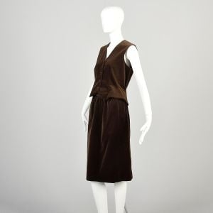 Small 1970s Halston Brown Velvet Two Piece Set Vest and Skirt Button Up Vest  - Fashionconservatory.com