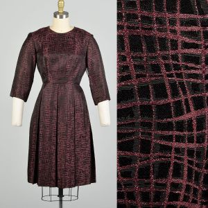 Small 1950s Black Pink Textured Satin Metallic Dress Pleated Skirt Elbow Sleeve Dress 