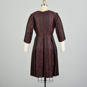Small 1950s Black Pink Textured Satin Metallic Dress Pleated Skirt Elbow Sleeve Dress  - Fashionconservatory.com