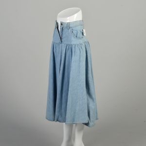 XS 1980s Light Wash Denim Midi Skirt Fitted Waist Drop Waist Full Skirt Western  - Fashionconservatory.com