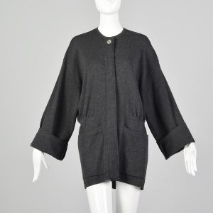 Large 1980s Donna Karan Gray Sweater Oversized Designer Charcoal Cardigan Pockets