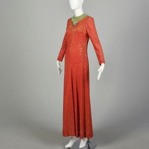 Adele Simpson Evening Gown Formal Dress Metallic Red Lurex Long Sleeve Beaded Collar Modest - Fashionconservatory.com