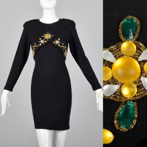 Medium 1990s Black Dress Long Sleeve Mini Green Gold Yellow Beading Cocktail LBD