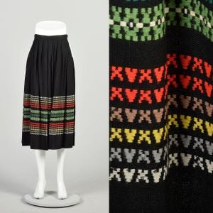 Small 1950s Black Rayon Skirt Bohemian Woven Border Green Red Yellow Gray Knee Length Skirt 