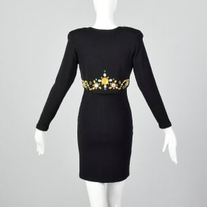 Medium 1990s Black Dress Long Sleeve Mini Green Gold Yellow Beading Cocktail LBD - Fashionconservatory.com