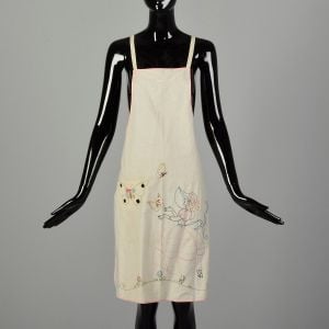 1930s Hand Embroidered Southern Belle w/Butterflies & Daisies Print Full Apron