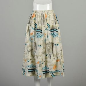Medium 1950s Novelty Skirt Cotton Kitchen Vegetables Wine Beige Blue Orange Midi Tea Length Skirt - Fashionconservatory.com