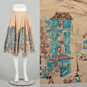 Small 1950s Tan Skirt French Bistro Novelty Print Cotton Parisian Cafe Restaurant Scenic Matty Sue 