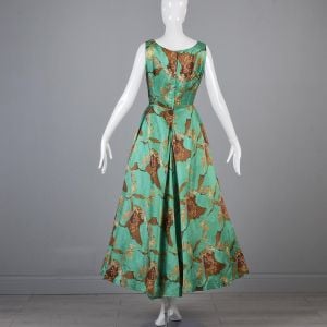 Small 1950s Silk Evening Dress Matching Jacket Emerald Green Formal Gown Asian Inspired Print - Fashionconservatory.com