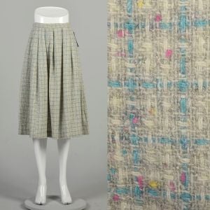 XS 1950s Tweed Skirt Atomic Fleck Cream Cyan Pink Yellow Knee Length Classic Winter Wool Skirt 
