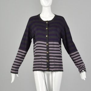 Small 1990s Sonia Rykiel Purple Gray Sweater Striped Cardigan Designer Cotton Drawstring Knit