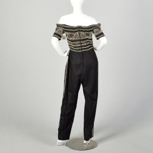 XL 1980s Jumpsuit Black Gold Beading Off Shoulder Military Look - Fashionconservatory.com