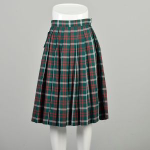 XS 1950s Pleated Skirt Red Green Plaid Cotton Knee Length Holiday Rockabilly Ivy League Preppy 