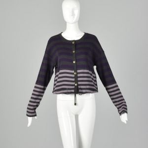 Small 1990s Sonia Rykiel Purple Gray Sweater Striped Cardigan Designer Cotton Drawstring Knit - Fashionconservatory.com