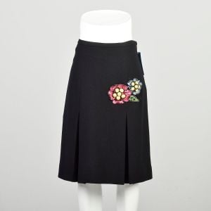 XL 2000s Wool Skirt Black A Line Pleated Flare Knee Length Sequin Flower Applique´ Etcetera Skirt 