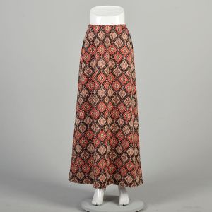 Medium 1970s Hippie Skirt Orange Brown Geometric Diamonds Ethnic Pattern Silver Shimmer Maxi Skirt 