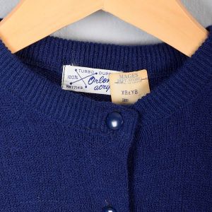 1960s Deadstock Childrens Navy Blue Button Up Sweater Girls Long Sleeve Lightweight Acrylic Soft  - Fashionconservatory.com