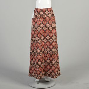 Medium 1970s Hippie Skirt Orange Brown Geometric Diamonds Ethnic Pattern Silver Shimmer Maxi Skirt  - Fashionconservatory.com