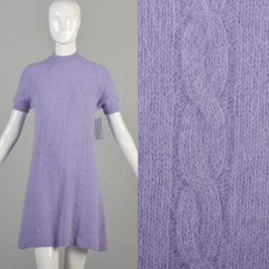 Medium 1960s Preppy Purple Mini Sweater Dress Mock Neck Cable Ribbed Knit Fuzzy Soft Lavender