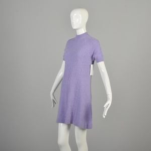 Medium 1960s Preppy Purple Mini Sweater Dress Mock Neck Cable Ribbed Knit Fuzzy Soft Lavender - Fashionconservatory.com