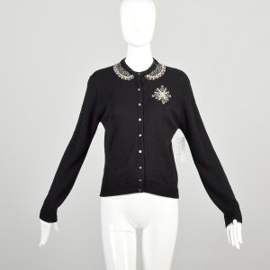 Medium 1960s Black Cardigan Beaded Sequin Pearl Collar Long Sleeve Buttoned Cardigan Sweater 