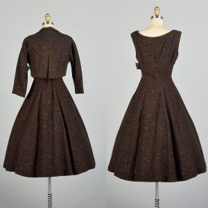  Small 1950s Brown Rainbow Fleck Ensemble Jacket Dress Winter Wool Tweed Set - Fashionconservatory.com