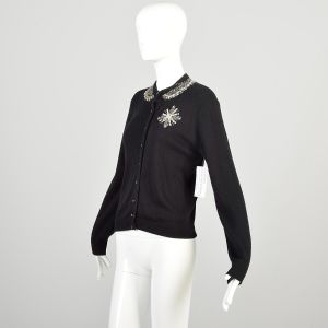 Medium 1960s Black Cardigan Beaded Sequin Pearl Collar Long Sleeve Buttoned Cardigan Sweater  - Fashionconservatory.com