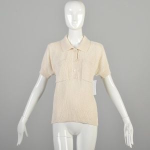 Medium 1990s Christian Dior Cream Knit Sweater Designer Short Sleeve Collared Ribbed Knit