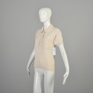 Medium 1990s Christian Dior Cream Knit Sweater Designer Short Sleeve Collared Ribbed Knit - Fashionconservatory.com