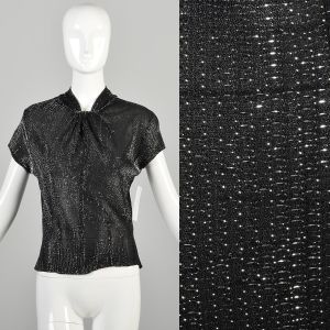 Medium 1960s Black Short Sleeve Top Blouse Metallic Thread Sheer Shell Top