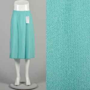 M-L 1980s Aqua Light Blue Skirt Turquoise Tea Length Stretch Casual Skirt 