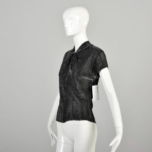 Medium 1960s Black Short Sleeve Top Blouse Metallic Thread Sheer Shell Top - Fashionconservatory.com