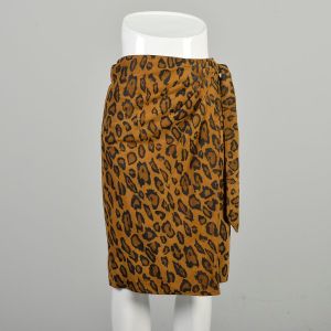 M-L-XL 1990s Suede Wrap Skirt Leopard Print Gathered Waist Tie Leather Bombshell Skirt 