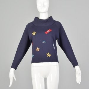 Small 1960s Navy Sweater Novelty Retro Mod Funnel Neck Italian Wool Floral Embroidery Pullover