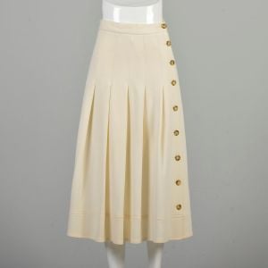 Medium 1990s Ivory Wool Skirt Button Closure Pleated Cream Midi Tea Length Sonia Rykiel Skirt 