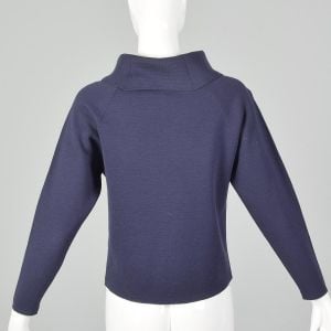 Small 1960s Navy Sweater Novelty Retro Mod Funnel Neck Italian Wool Floral Embroidery Pullover - Fashionconservatory.com