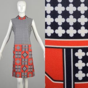 Medium 1970s Mod Sleeveless Dress in Geometric Print Navy, Red, and White 